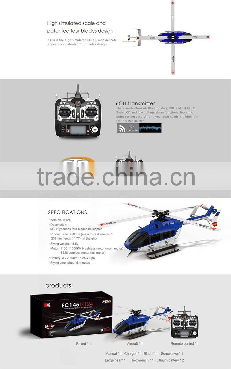 XK high quality 6CH Brushless motor 3D6G System rc helicopter RTF in sale