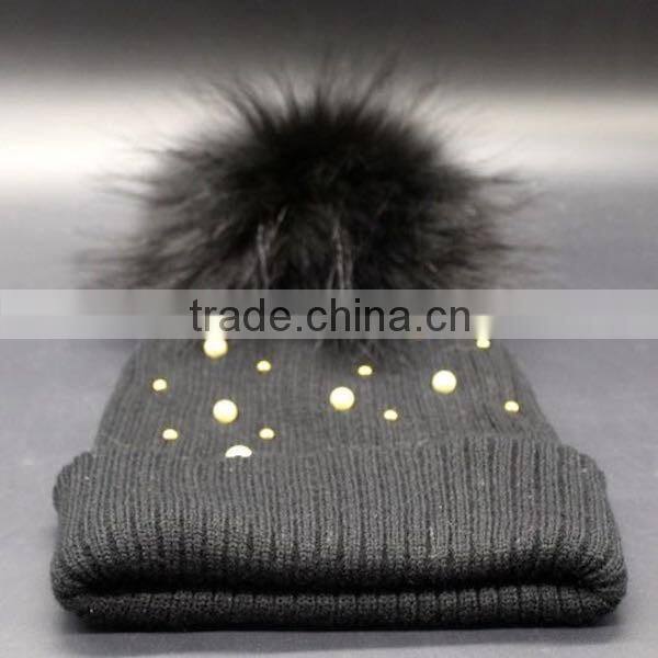 Wholesale Latest UK Style Colorful Wool Crochet Hat With Raccoon Fur Pom Poms White Crochet Knit Hat