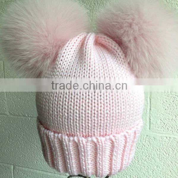 New Design Knitted Wool Baby Beanie Hat with Two Fox Fur Pom poms Balls for Cute Baby