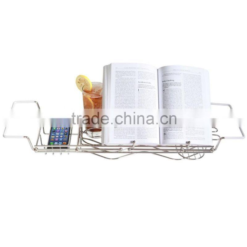 Stainless Steel Bathtub Caddy with Extending Sides and Book Holder