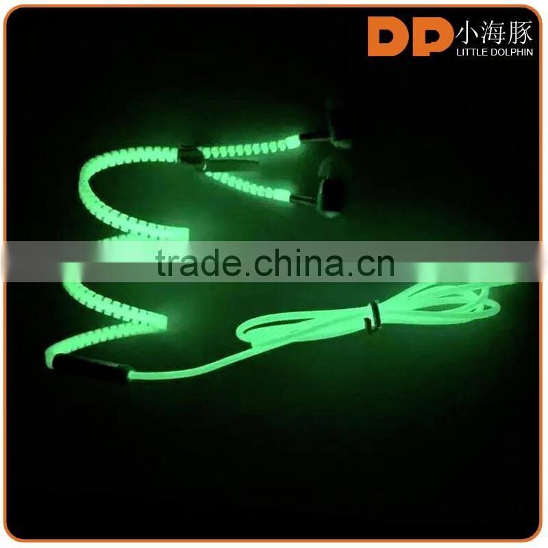 zipper stype glow in the dark metal earphone with microphone