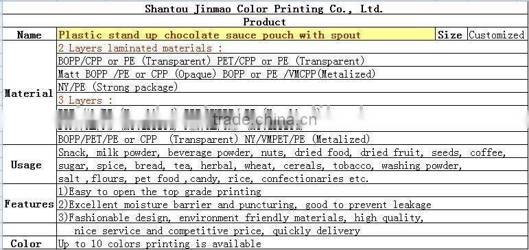 Plastic stand up chocolate sauce pouch with spout