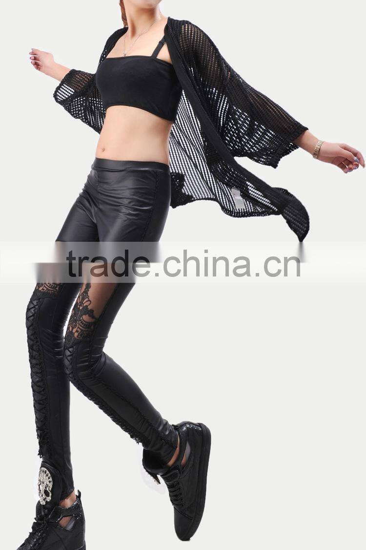 New Sexy Women Faux PU Leather Retro Gothic Punk Style Lace Black Leggings Tights Pants