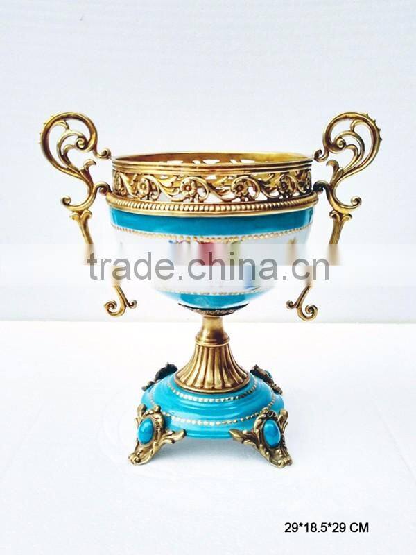 Elegant Blue & White Painting Ceramic Compote, Home Decorative Compotier, Porcelain Fruit Bowl With Bronze Triangle Base,