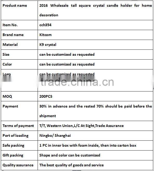 2016 Wholsale tall square crystal candle holder for home decoration