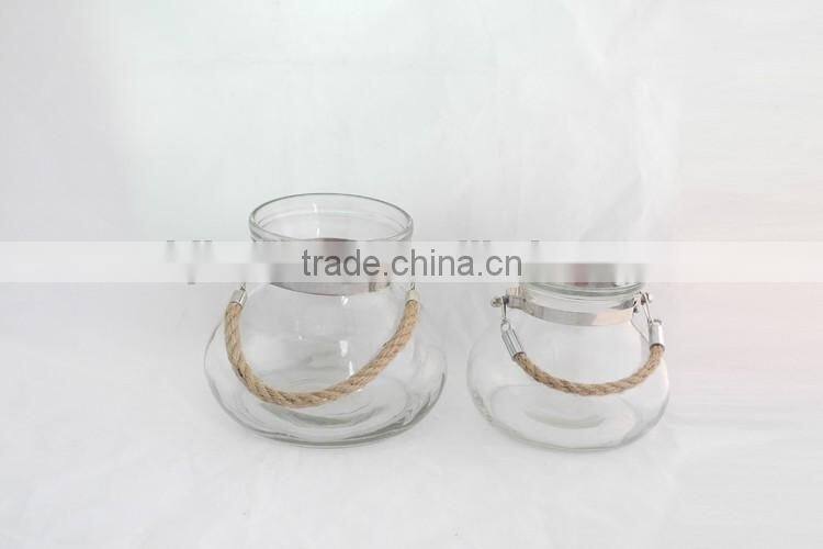 pure color glass candle holder with rope wire handle