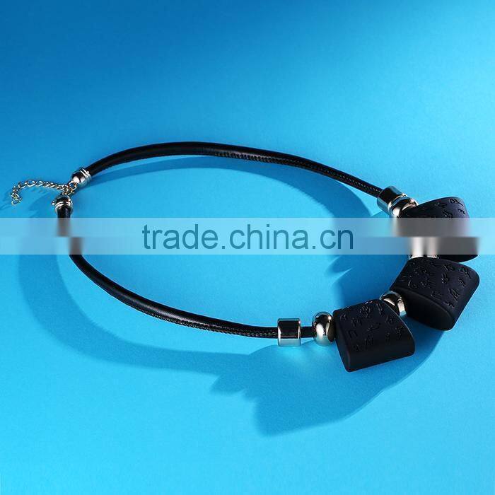 Retro square rubber bead leather necklace European and America women geomotric necklace leather choker necklace