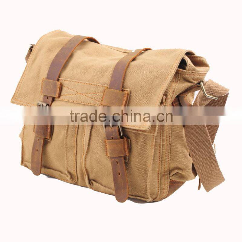 Men's Vintage Canvas Shoulder Bag Leather Satchel School Military Two Sided Shoulder Bag Messenger Bag