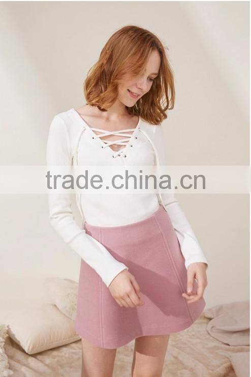 2016 customized manufacture fashionable Wholesale women's plain color high-waist woolen A-line ladies skirt
