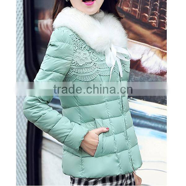 2015 New Fashion Lady Ourtdoor Thin Lace Padded Jacket With Fur Collar