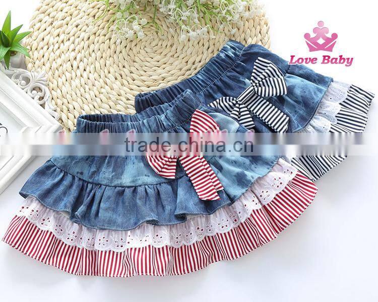 Latest Korean stripe bowknot children demin jeans skirts
