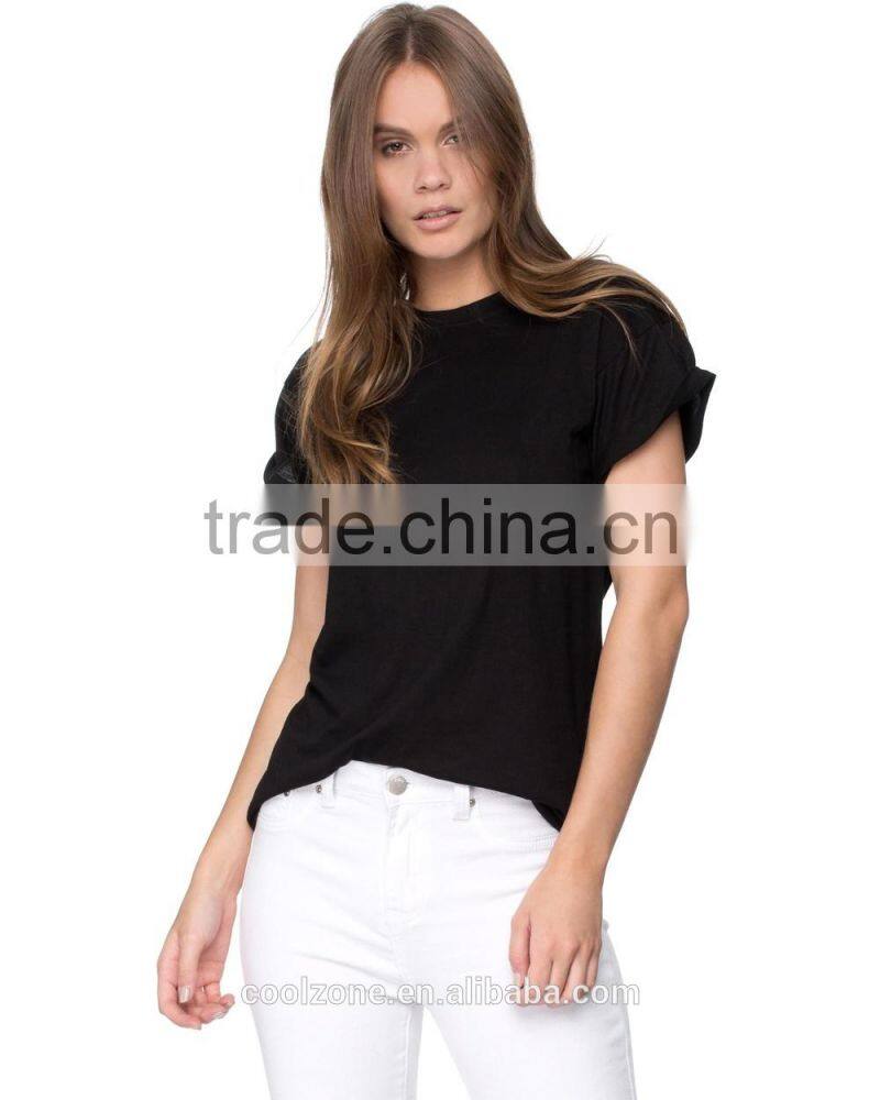 Wholesale crew neck rolled cuffs cotton t shirt women t shirts