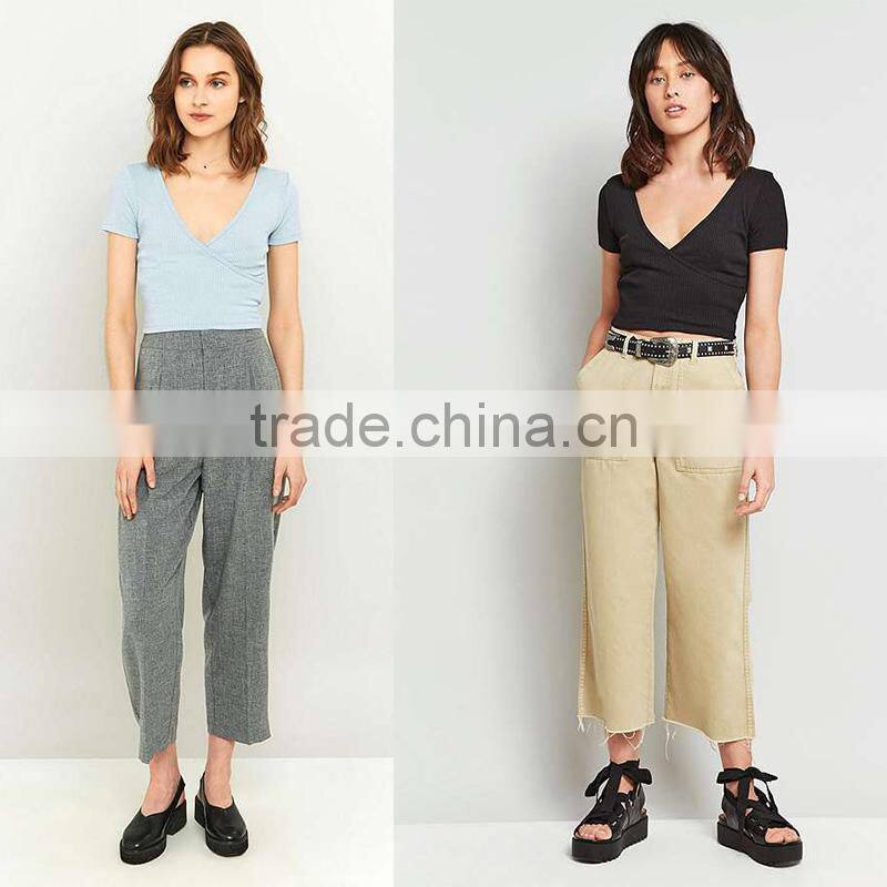 2017 ladies ribbed deep v-neck short sleeves ballet wrap crop cami tops