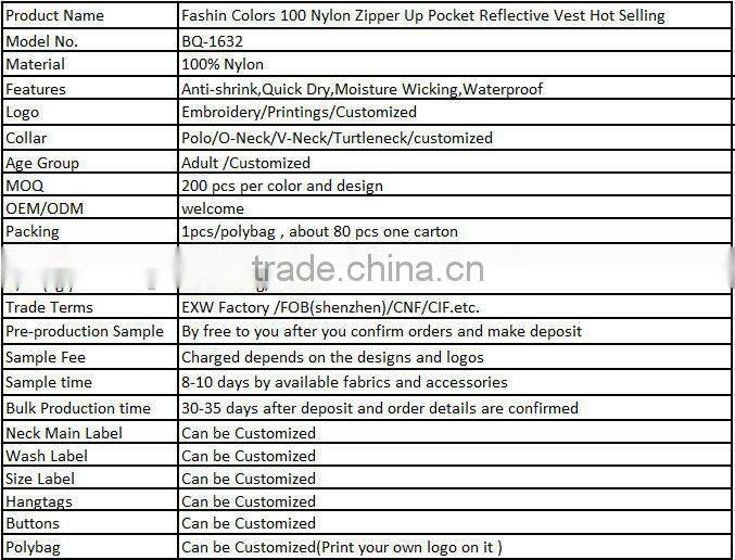 Fashin Colors 100 Nylon Zipper Up Pocket Reflective Vest Hot Selling