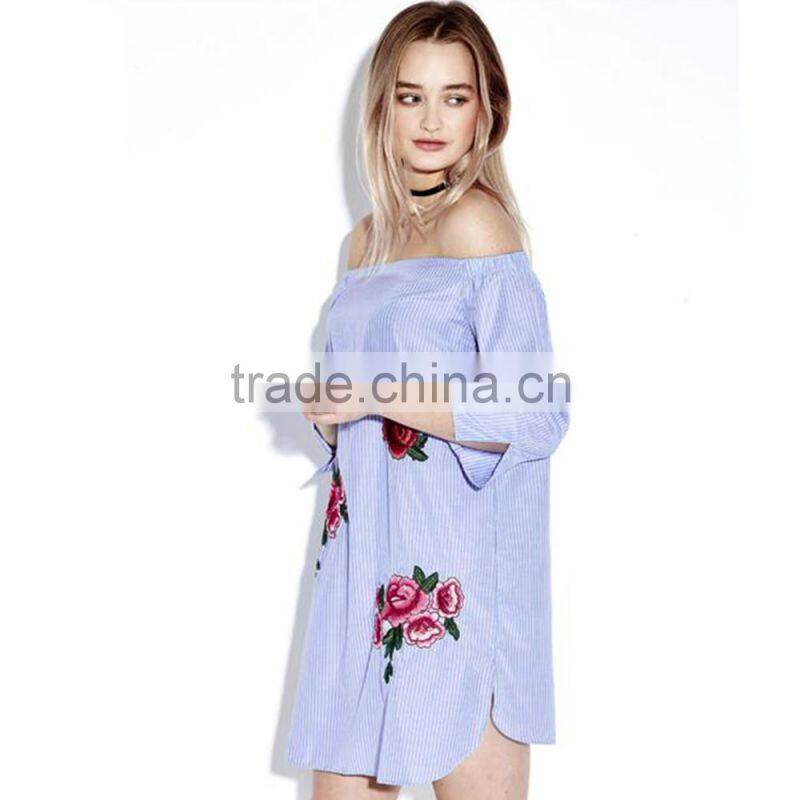 Sexy Rose Embroidery Off Shoulder Stripe Long Sleeve Women Mini Dress