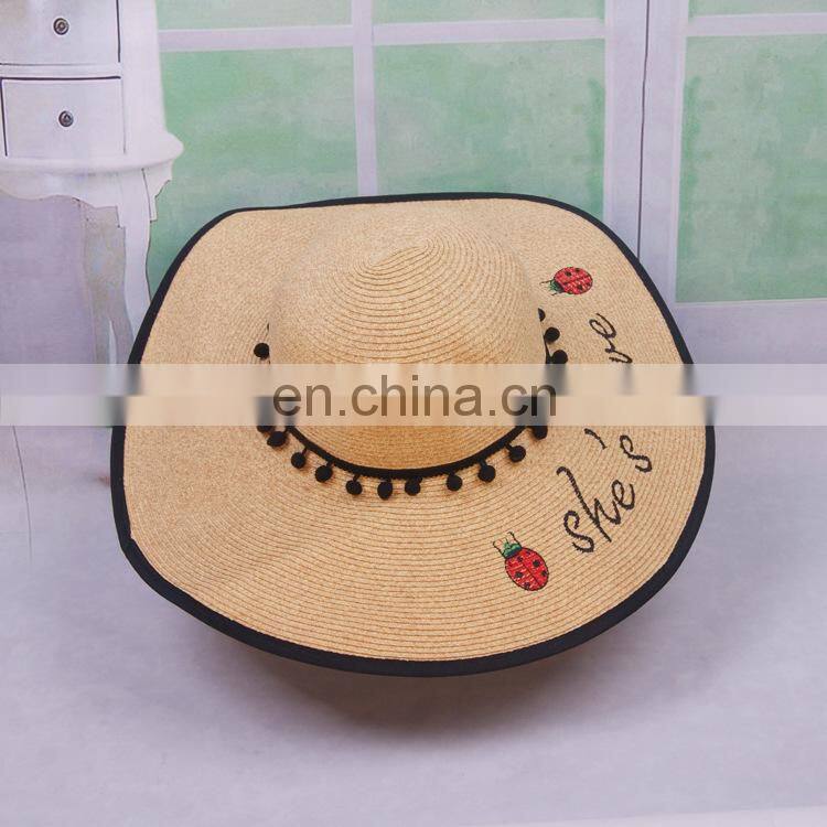 Ladybug Letters Embroidery Straw Hat Large Eaves Sunscreen Beach Hat