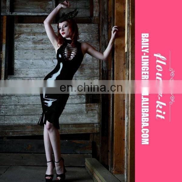 MOQ 1PCS Cheap Sexy Black PVC Bodyskirt Women Long Leather Dress
