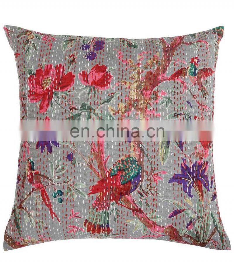 Gray Kantha Pillow Cover Indian floral bird print embroidered pillow handmade throw pillow Cushion Covers