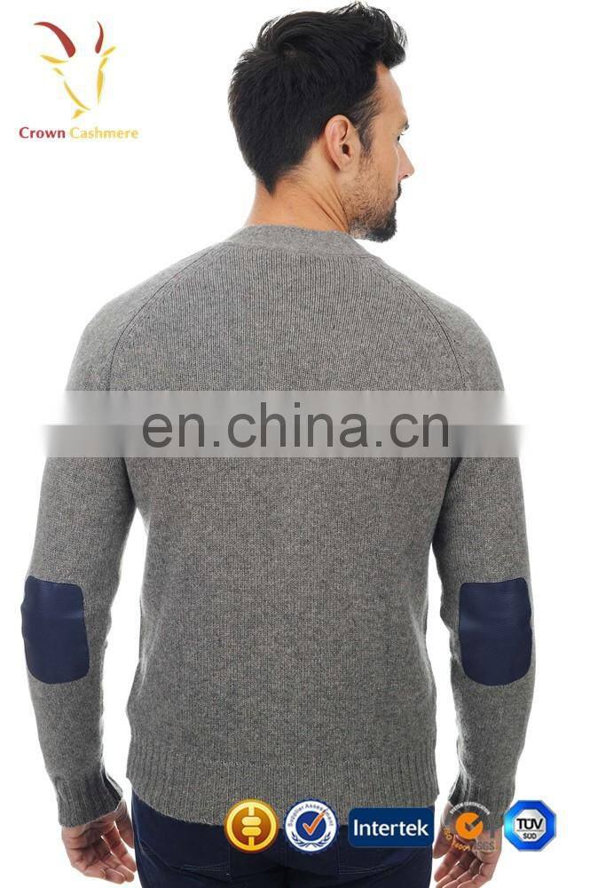 V Neck Men Cardigan Sweater Cashmere Knitted Cardigan With Elbow Patch