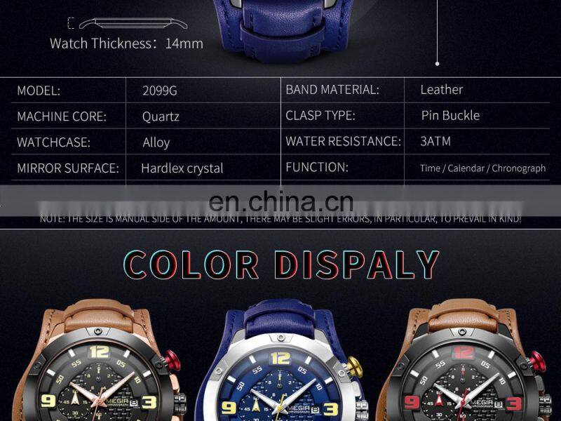MEGIR ML2099G Men Quartz Watch Top Brand Luxury Gold Chronograph Date Military Sport Leather Band Male Clock