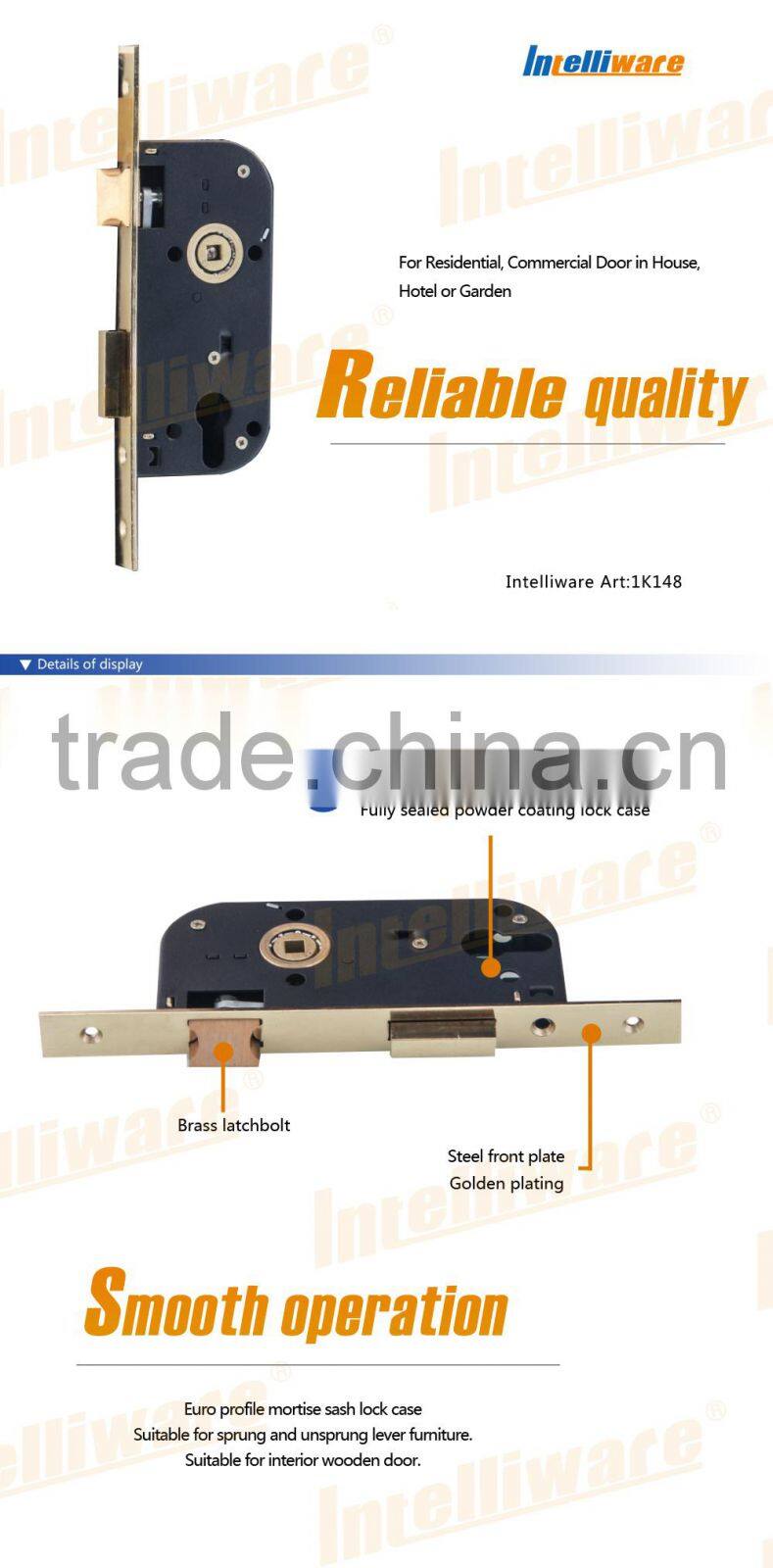 Hot selling black plated mortise lock with stainless steel