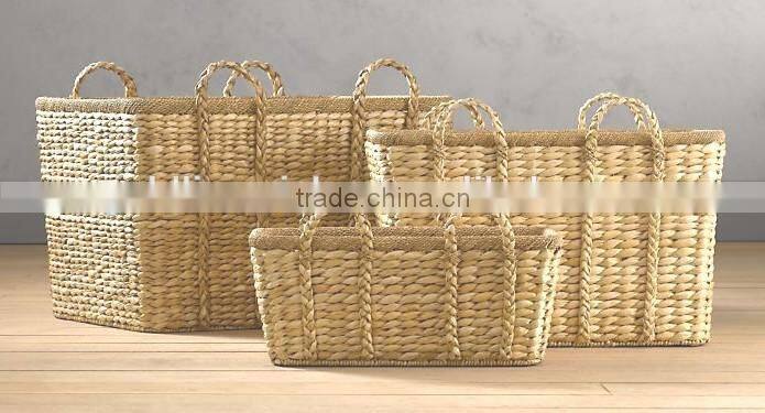 Set of 3 water hyacinth baskets with thick handle and seagrass rim