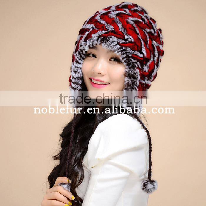 excellent quality colorful rabbit fur thread earflap hat with long string flower ball