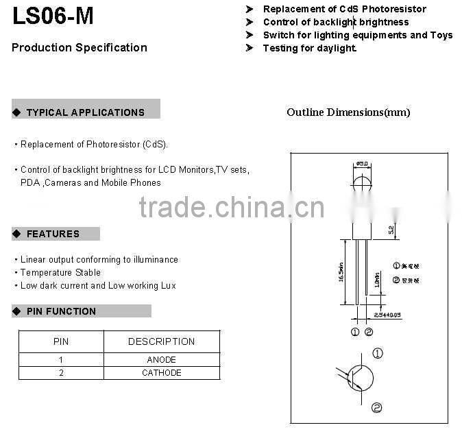 Light sensor LLS06-M 5mm replacement of Cds RoHS compliant Pb-free Cd-free