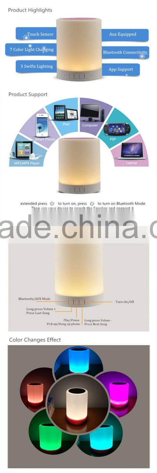 Magic Touch Sensor Lamp Mini Portable Bluetooth Wireless Speaker For Sauna