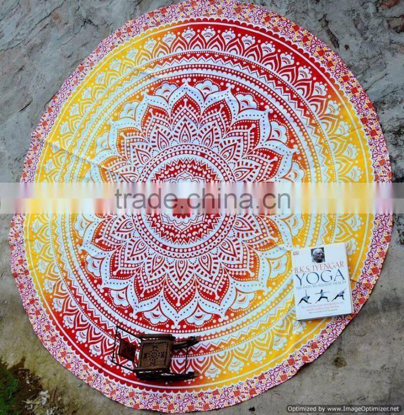 India Yellow Ombre Mandala Round Beach Throw Hippie Beach yoga Mat Wholesaler