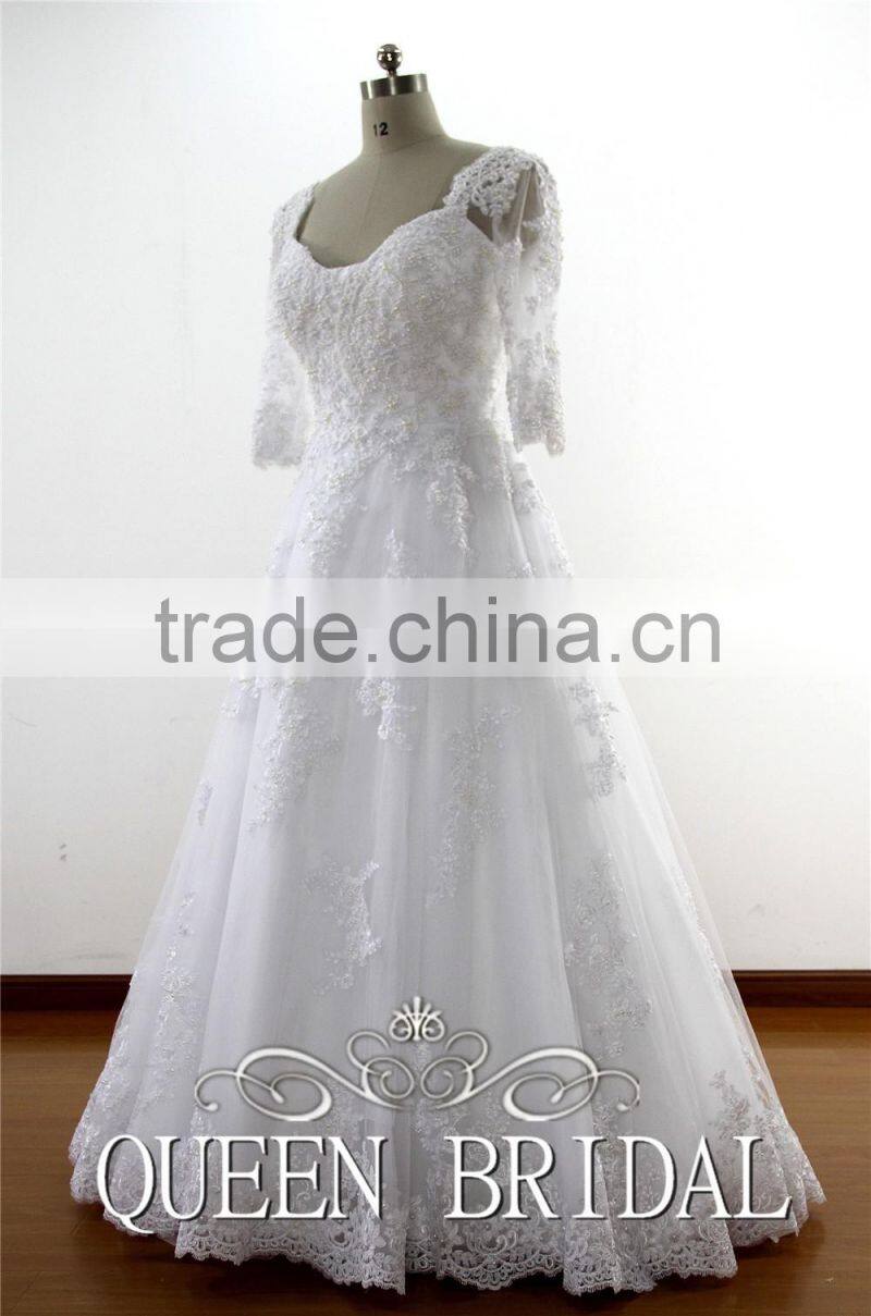 Dubai Muslim Bridal Gown 3/4 Long Sleeves Lace Wedding Dress Patterns 2016