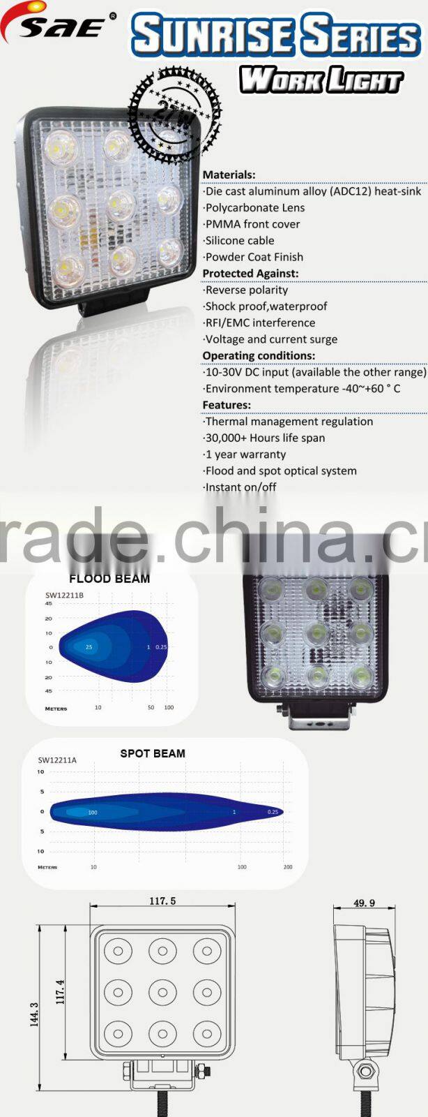 Hot sale auto off road 27w led work light for tucks suv jeep all vehicle use