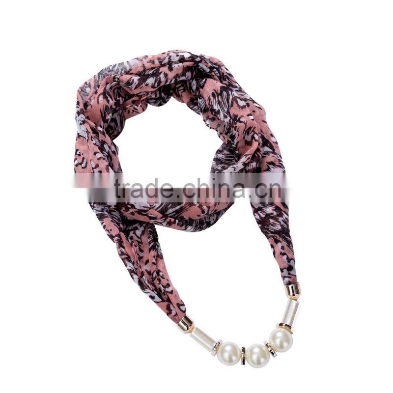Gorgeous print Scarf necklace decorated with pearl beads necklace chain