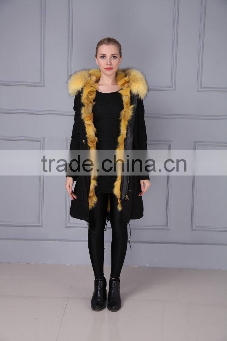 Brand fashion womens genuine fox fur lining parka with raccoon fur hood