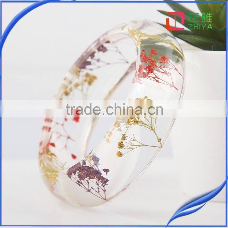 2016 Pressed Dried Real Flowers Clear Resin Bracelet Bangle for Women
