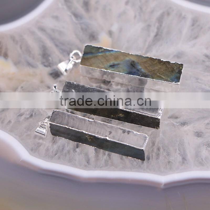 Rectangle Bar Labradorite Pendant, Silver Plated Gem stone Pendant, Rainbow Stone Jewelry