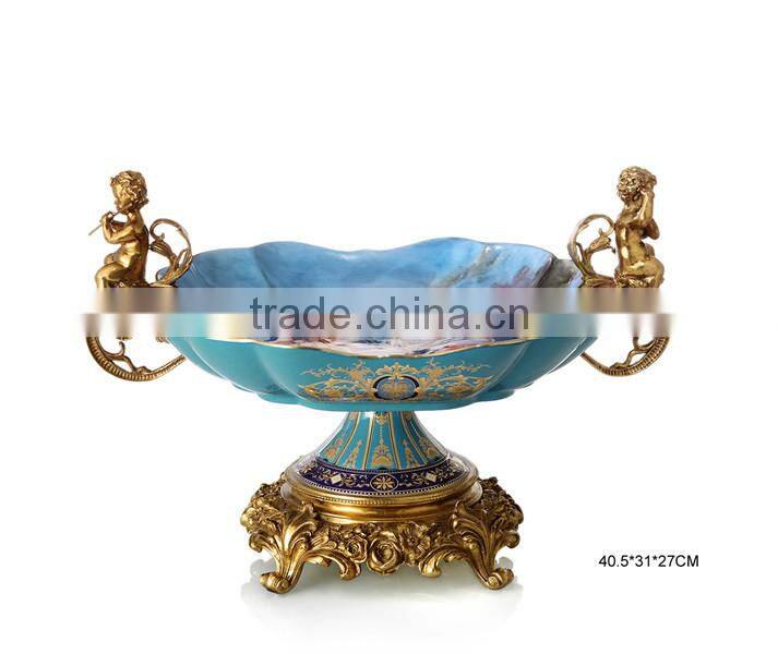 European Character Style Ceramic Egg Shaped Jar Box, Elegant Porcelain With Brass Prize Cup, Figure Design Footed Jar With Lid