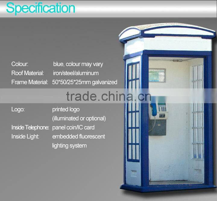 Blue antique telphone booth with telephone sign
