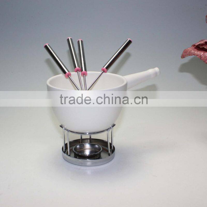 Two Compartments Ivory White Ceramic Porcelain Tealight Candle Cheese Butter Chocolate Fondue Set