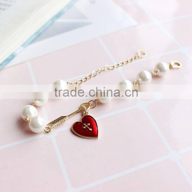 Cupid arrow love bracelet gold arrow red enamel cross heart charms pearl bead link bracelet