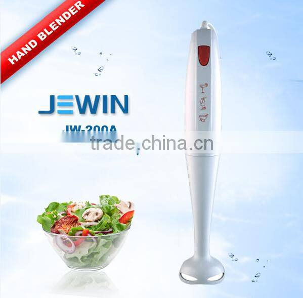 White mini electric hand blender with stainless steel blades