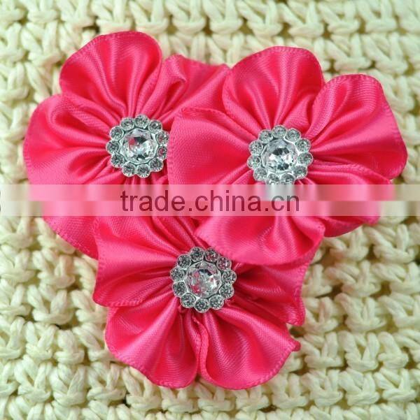 handmade satin flower with rhinestone center for kids hair accessories