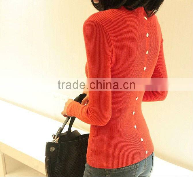 Ladies fashion O-neck solid long slim knit winter button woman sweater