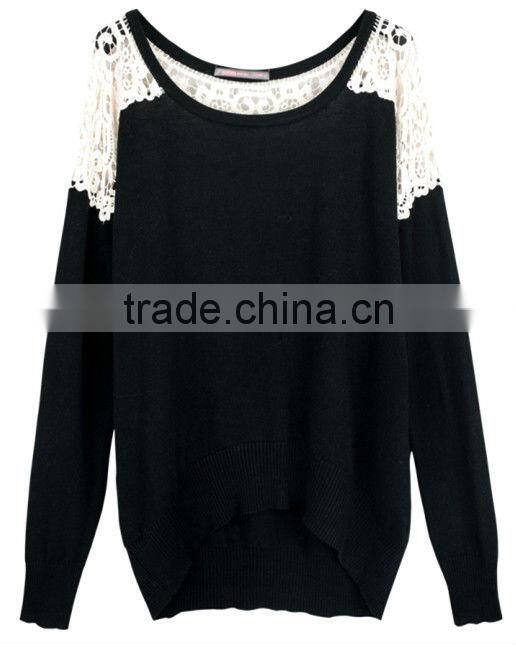 OEM ladies fashion O-neck lace mixed woman kint sweater