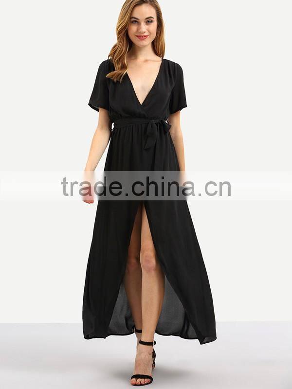 Woman Short Sleeve Black V neck Tie Waist Chiffon Maxi Wrap Type Maxi Dress