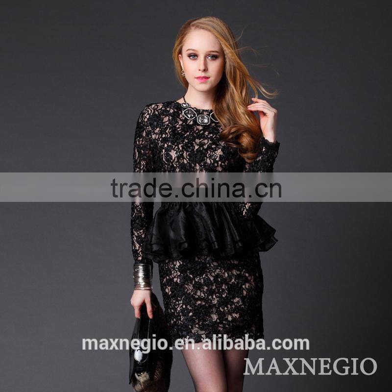 hot sale above knee Mini 3/4 sleeve hot girl sexy club black lace gold sequin sexy prom dress