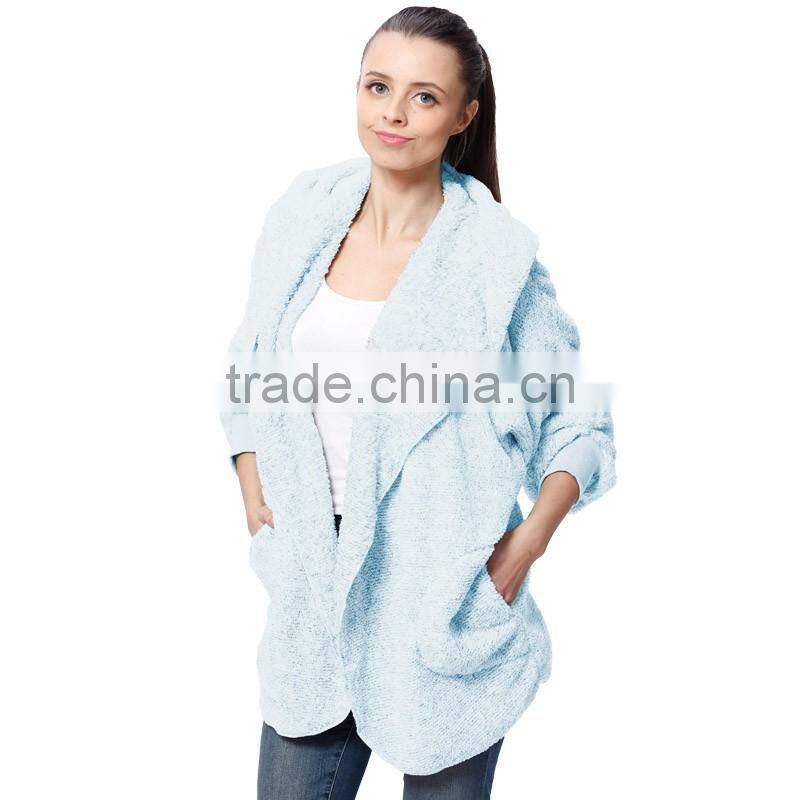 2016 Spring Fashion Oversized Fleece Cardigan Women Two-Tone Open Front Shrug Cardigan polar jacket With Hood And Pocket