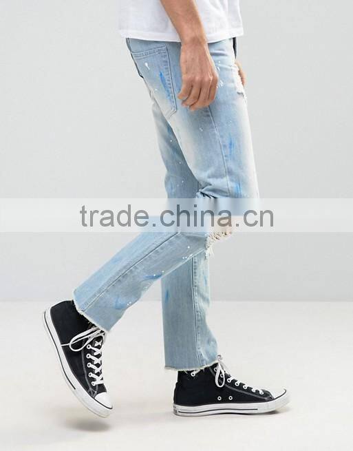 mens high waist blue light stone wash ripped super skinny jeans pants