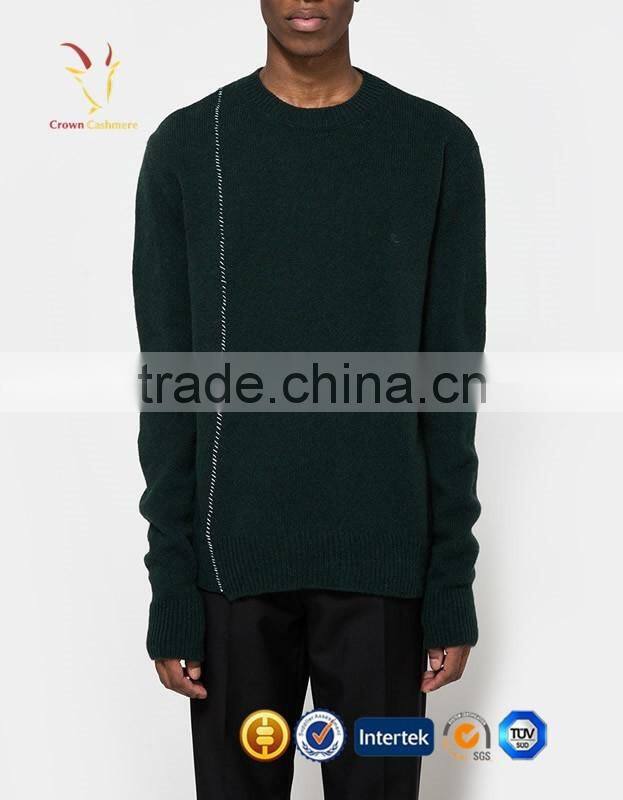 Men Pure Cashmere Green Knitted Jumpers Crew Neck Emboridery Sweaters