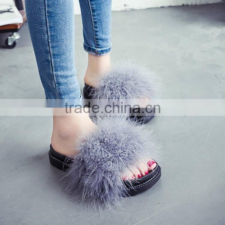2017 sweet candy color summer women real natural feather turkey fur fuzzy slippers slides mules women open shoes Fslipper-6
